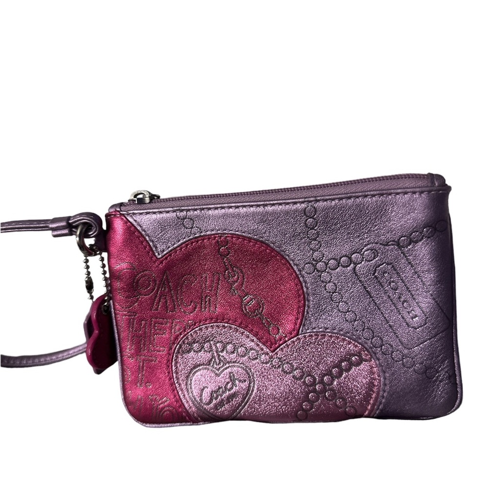 NWOT coach Purple Heart wristlet cokes with two keychains pink interior